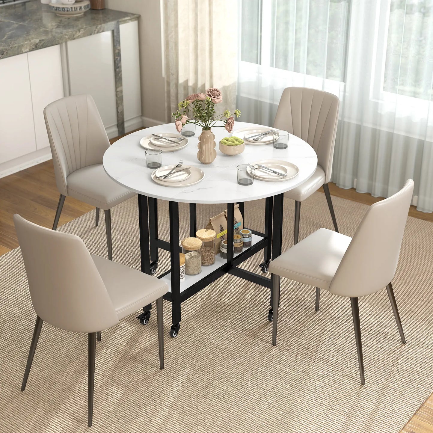Folding Drop Leaf Table, White Marble, Open Shelf, Rolling Kitchen Table, White Dining Tables at Gallery Canada