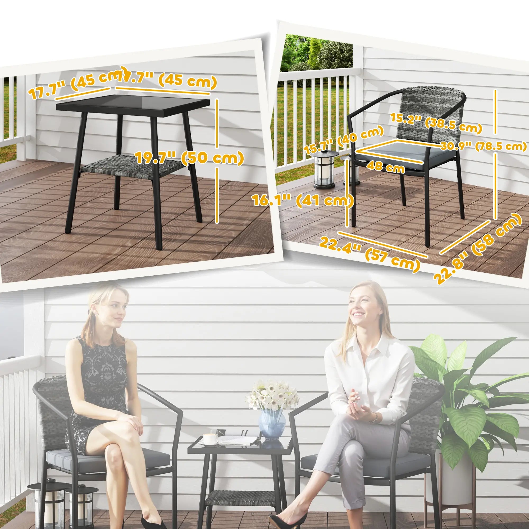 3 Piece Wicker Patio Set, 2-Tier Glass Table, Dark Grey Bistro Sets at Gallery Canada