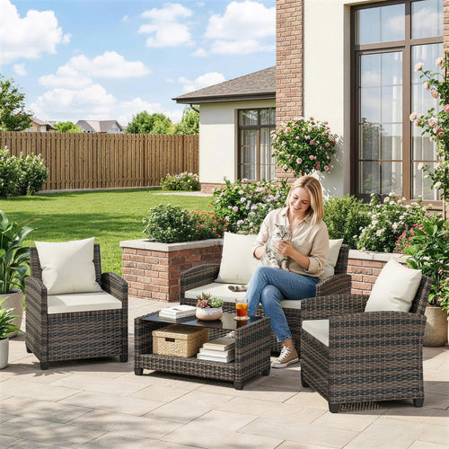 4 Piece Wicker Patio Furniture Set, Loveseat, Chairs, 2 Tier Table, Beige