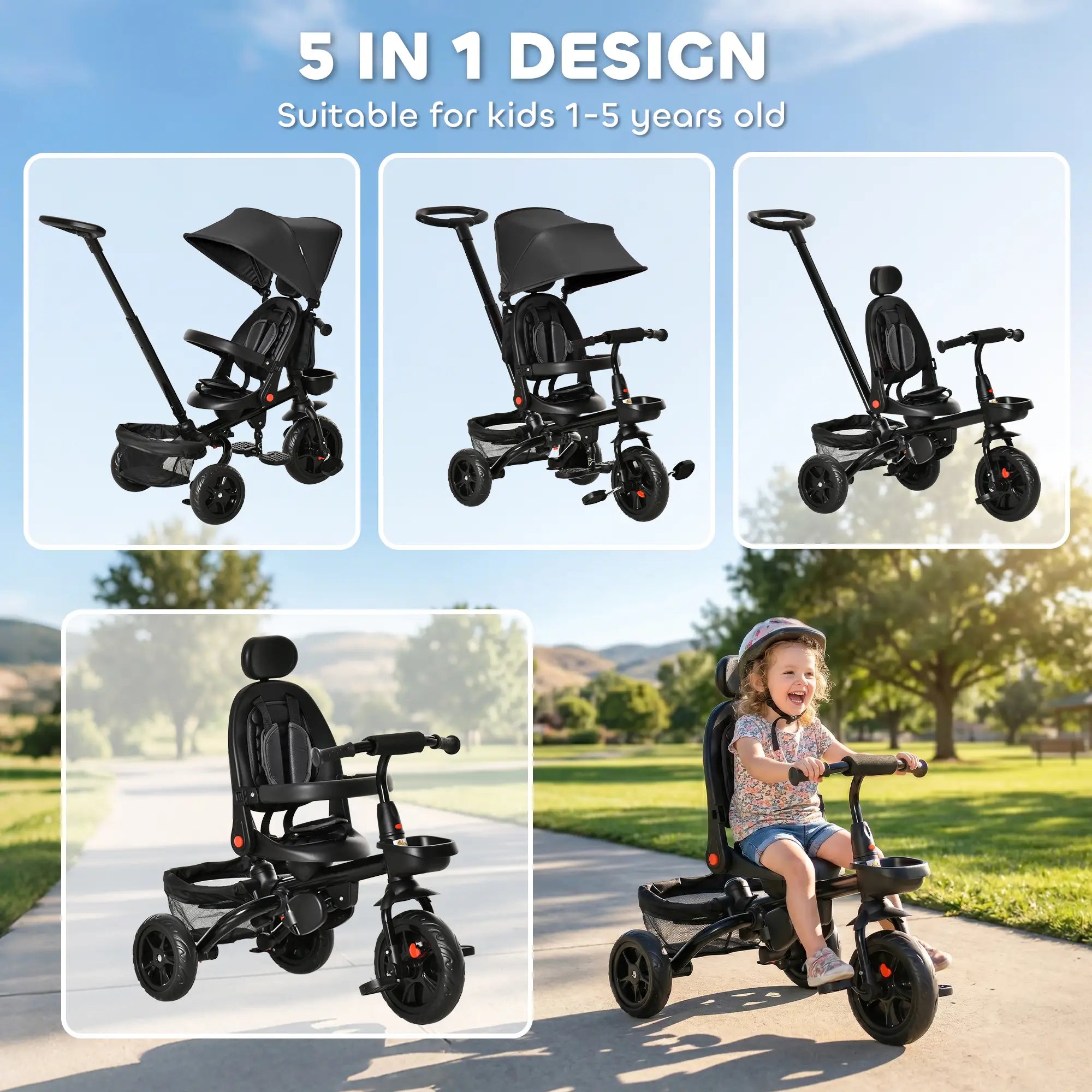 Toddler Tricycle, 4 in 1 Kids Trike, Adjustable Seat, Removable Handle, Black Tricycles for Kids at Gallery Canada