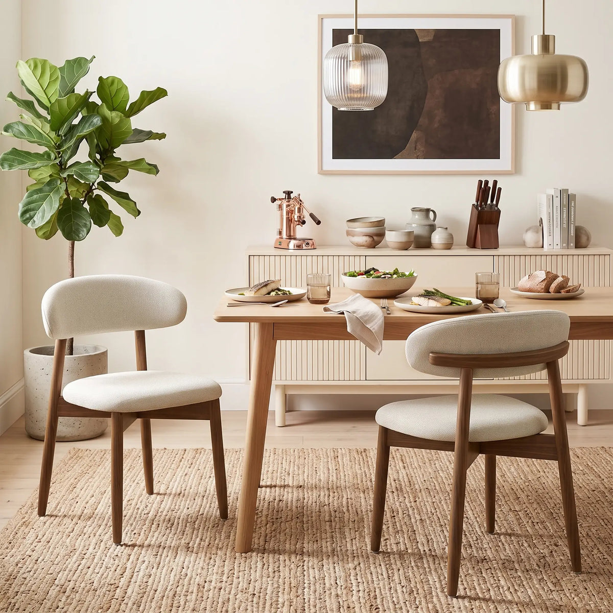 Faux Linen Dining Chairs Set of 2 Cream White Rubberwood Legs, Cream White