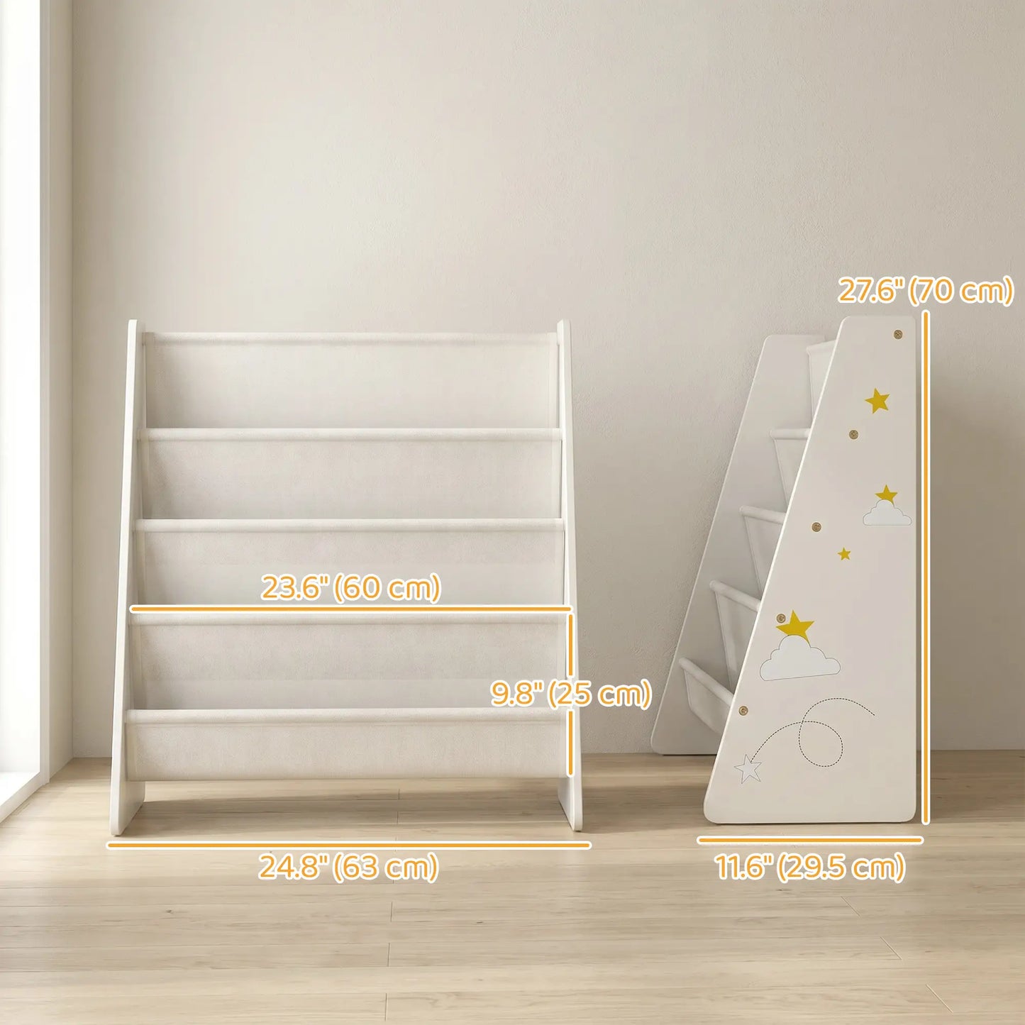 Fabric Kids Bookshelf, 4-Tier Toddler Sling Book Rack, White