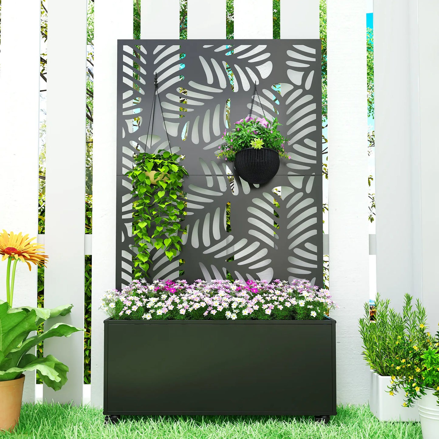 Metal Planter Box With Trellis, Raised Garden Bed With Monstera Leaf Cut-Out