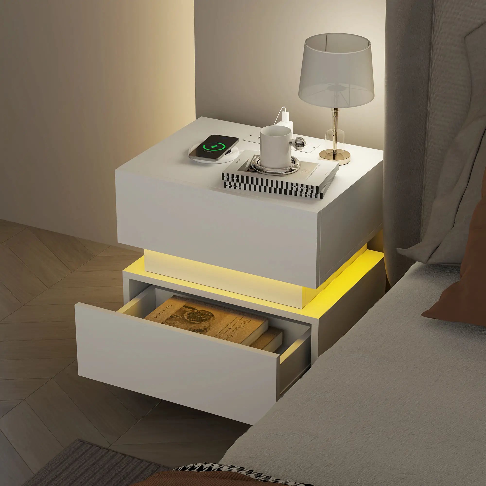 Modern Nightstand with Charging Station, LED Light, USB Ports, White Bedside Tables at Gallery Canada