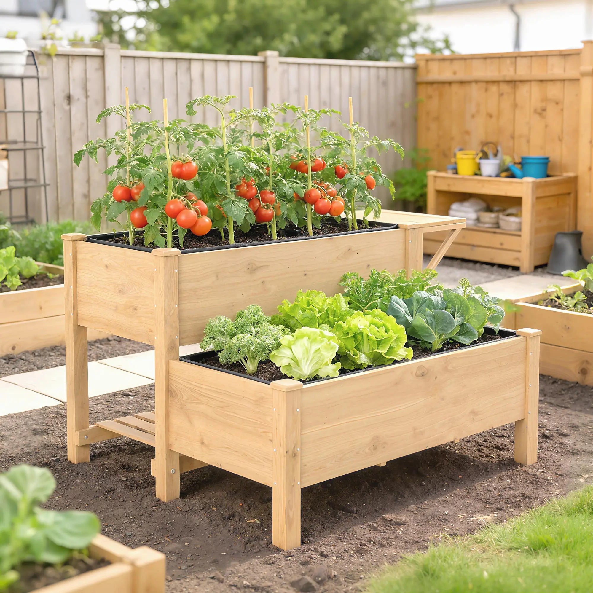 Wooden Raised Garden Bed, 2-Tier Planter With Storage Shelf Elevated Garden Beds at Gallery Canada