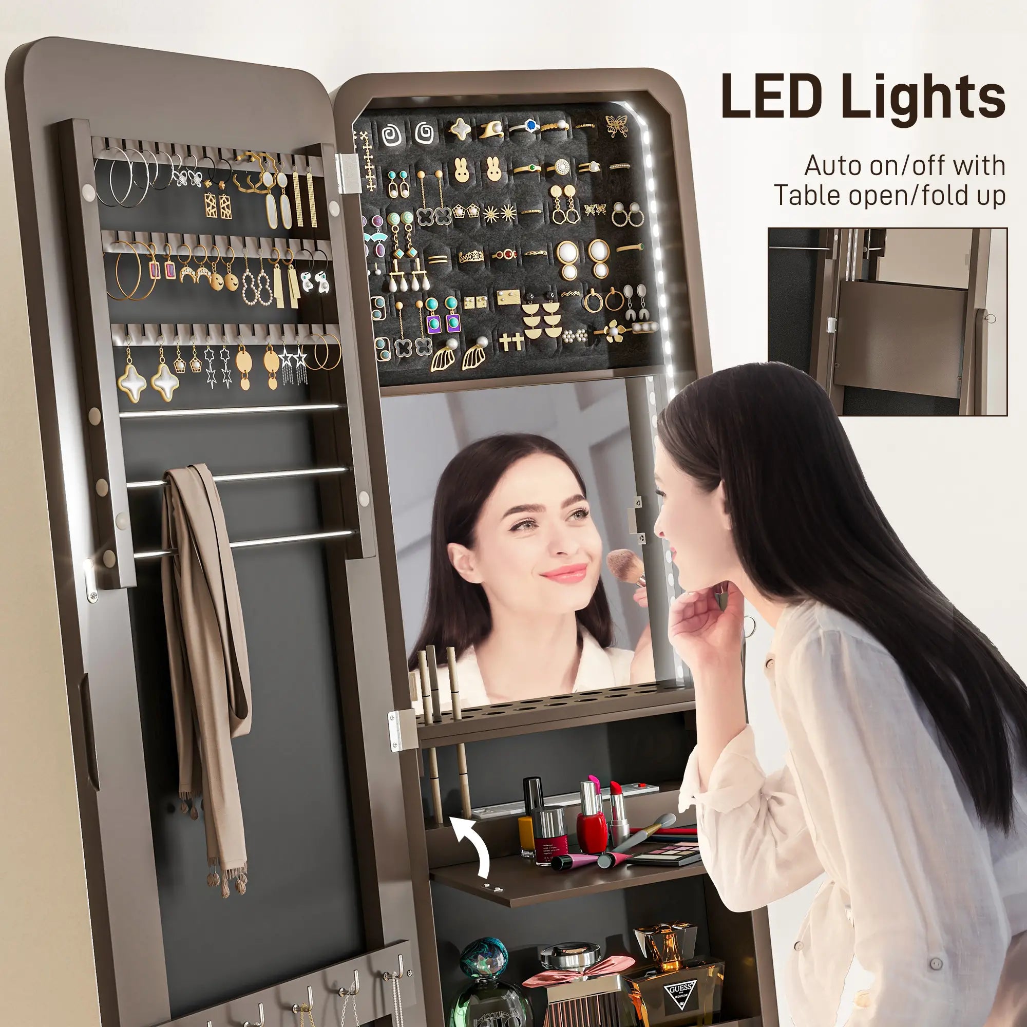 Standing Jewelry Cabinet with LED, Adjustable Mirror, Brown Jewelry Armoire & Jewellery Mirror Cabinets at Gallery Canada