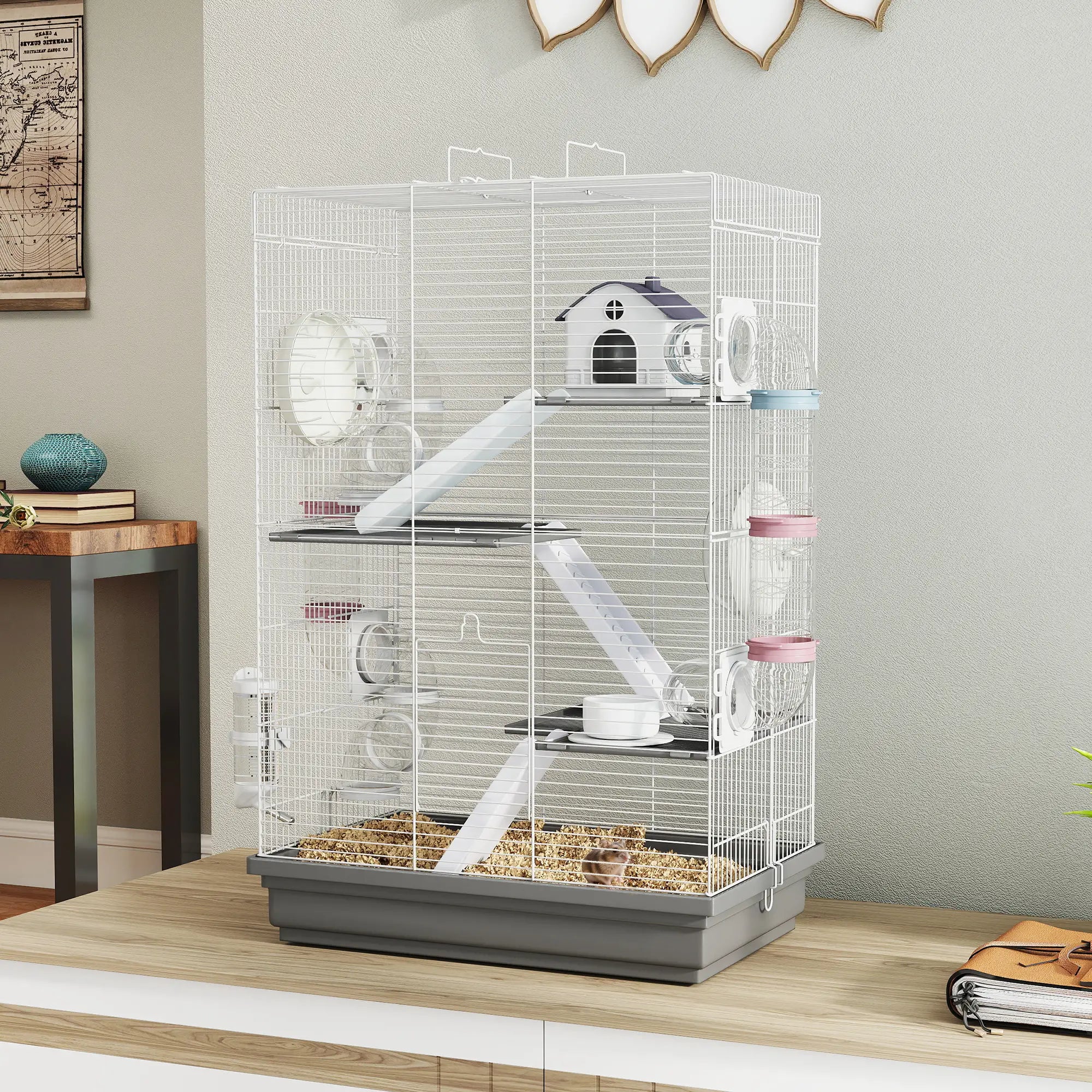 4-Level Large Hamster Cage, DIY Tubes, Water Bottle, Food Dish, Hut, Exercise Wheels, Grey Hamster Cages at Gallery Canada