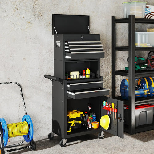 Large Tool Cabinet, 3-in-1 Rolling Chest, Detachable Storage with 6 Drawers and Pegboard, Black