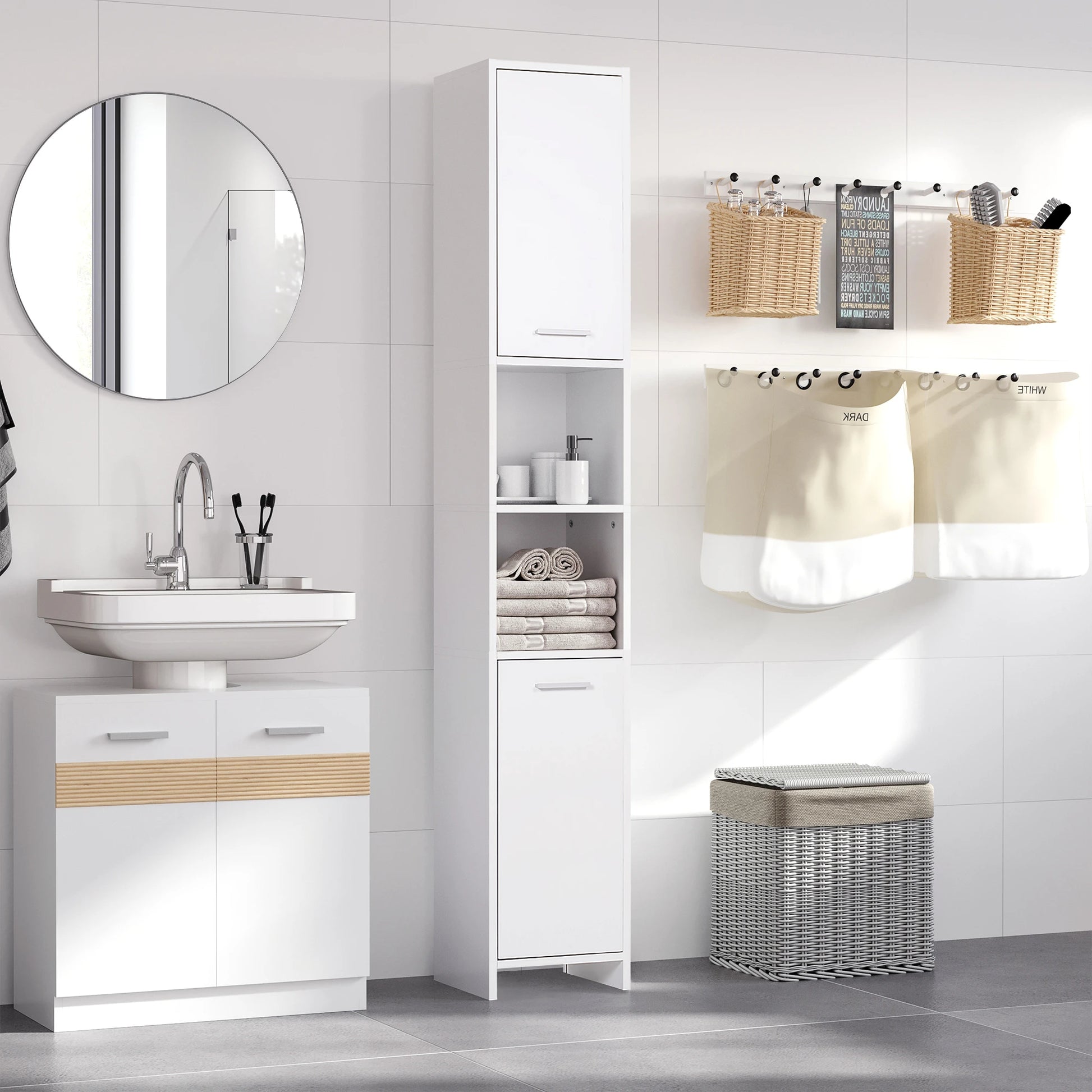 Tall Narrow Bathroom Vanity, 2 Doors, Adjustable Shelves, White Bathroom Cabinets at Gallery Canada