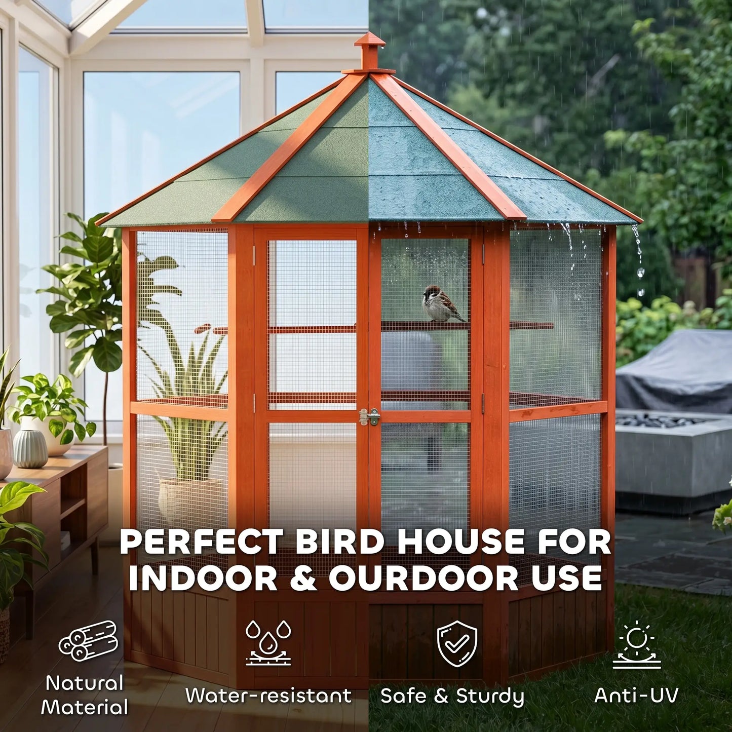 70"H Hexagonal Wooden Bird Cage, Outdoor Aviary with Doors Bird Cages at Gallery Canada