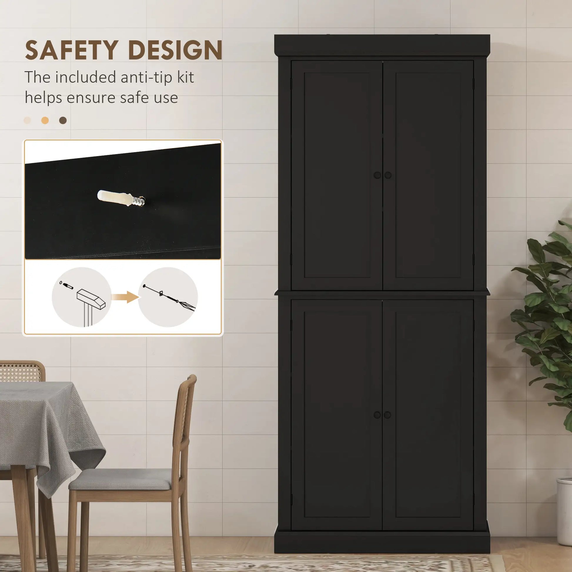 72.5" Freestanding Kitchen Pantry Cabinet with 4 Doors, Black Kitchen Pantry Cabinets at Gallery Canada