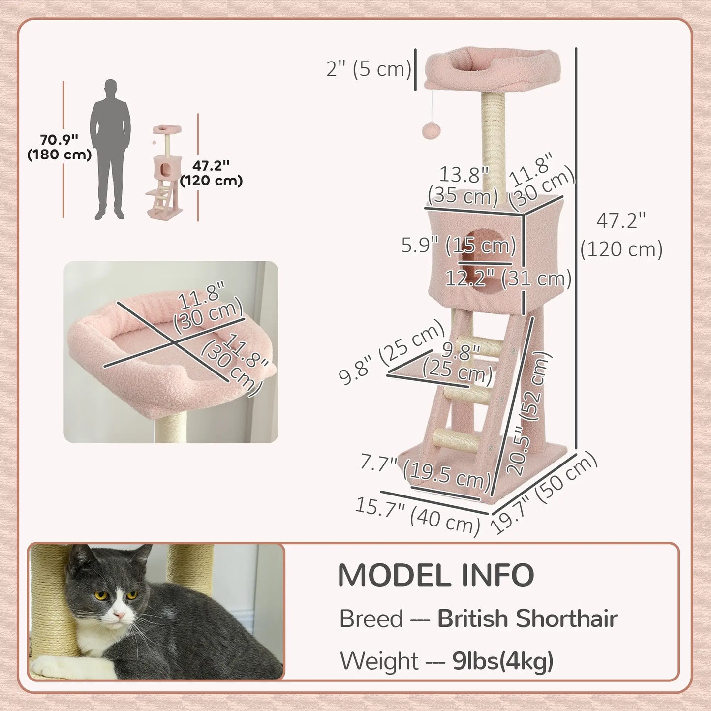 47" Tall Cat Tree Tower, Condo, Ladder, Scratching Posts, Pink Cat Trees at Gallery Canada