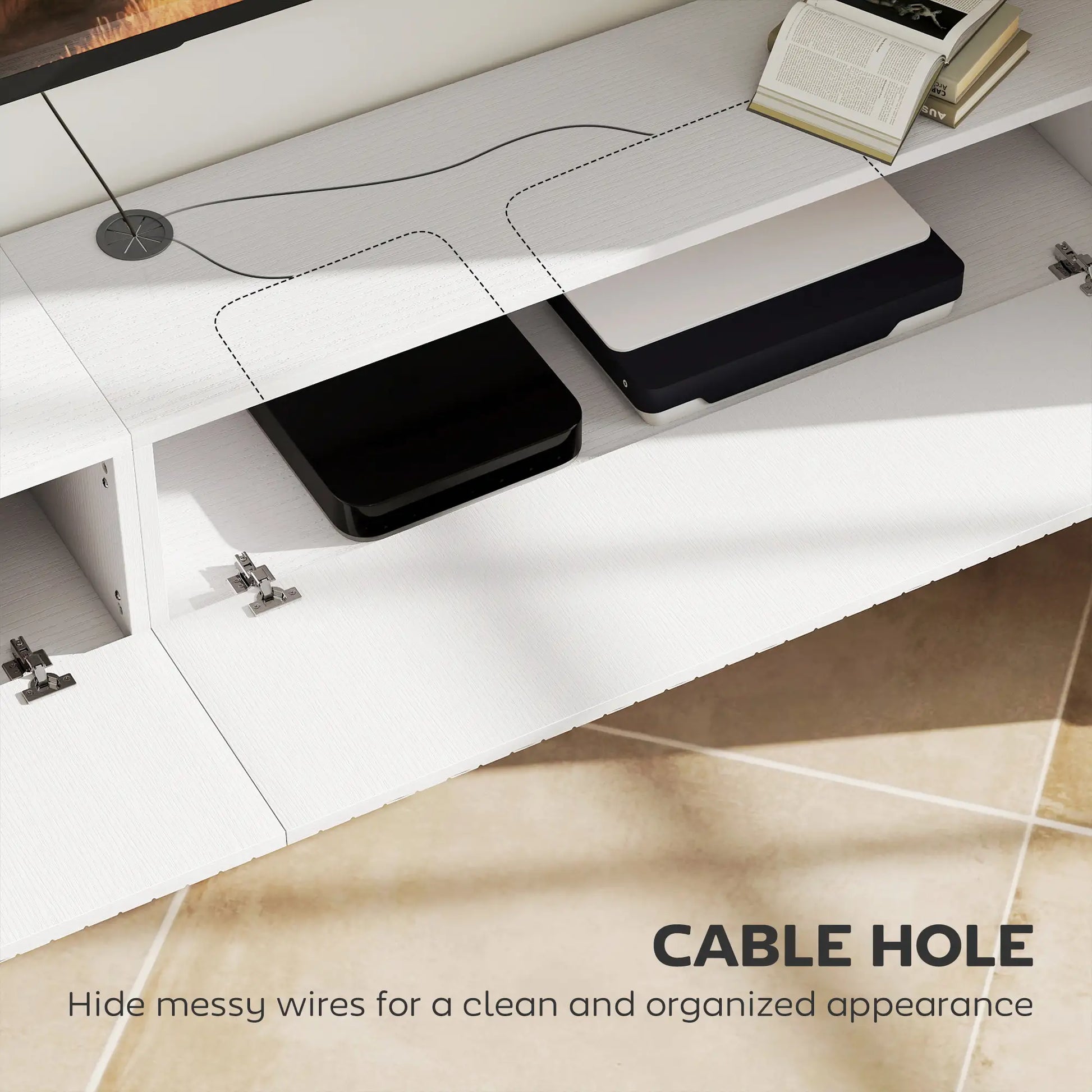 71 Inch Floating TV Stand, Wall Mount Media Console, 2 Fluted Doors, White TV Stands at Gallery Canada