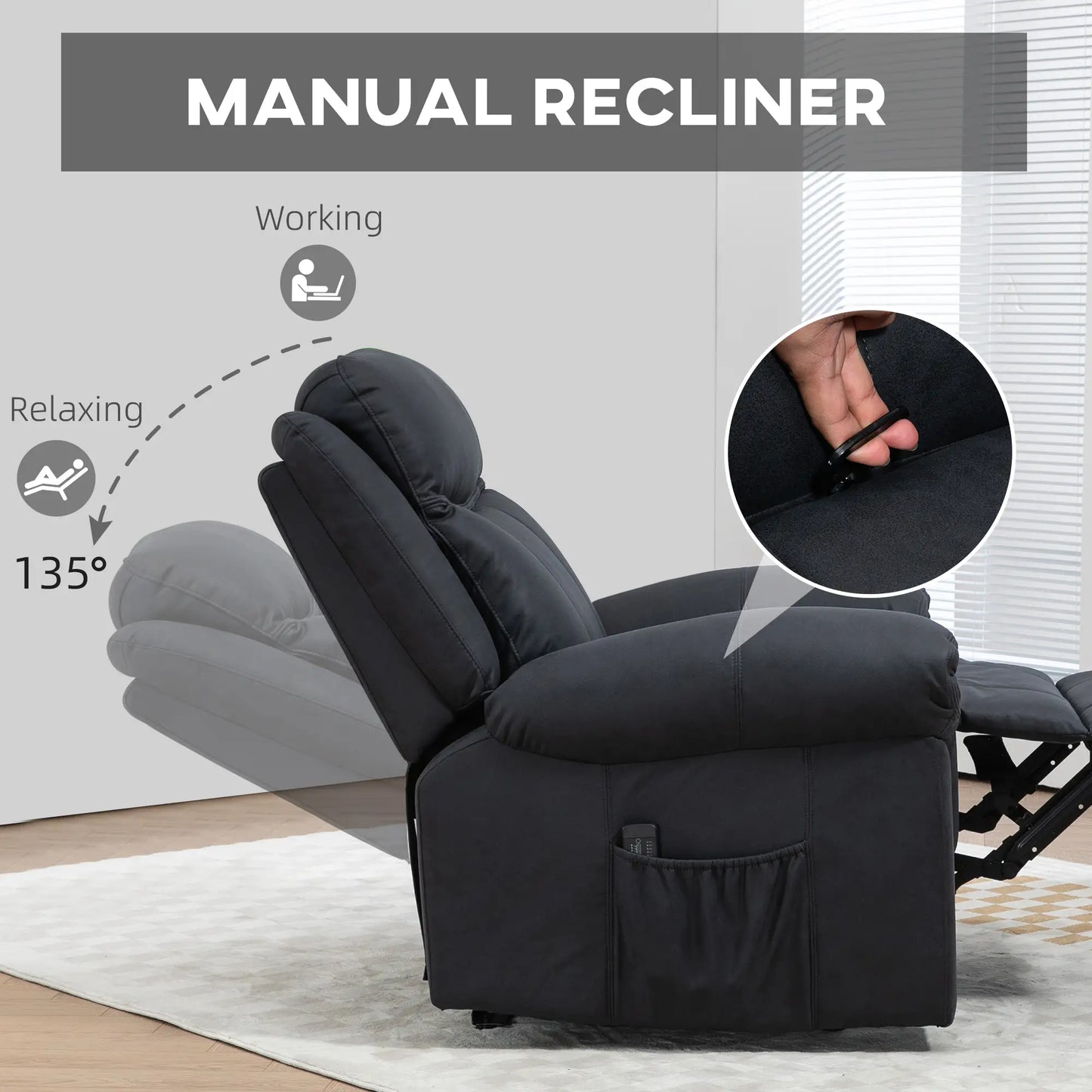 Manual Recliner Chair with Vibration Massage, Side Pockets, Microfibre Reclining Chair for Living Room, Black Single Sofas at Gallery Canada