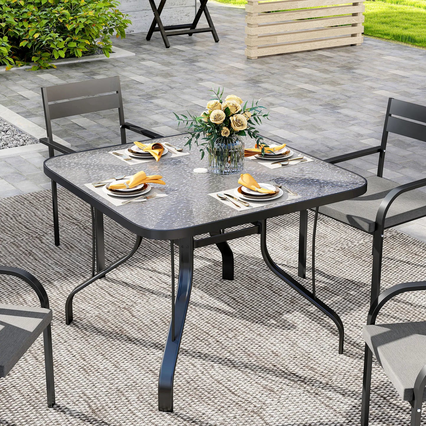 Tempered Glass Square Patio Table, 2.1" Umbrella Hole, 38" x 38" x 28" Patio Dinning Tables at Gallery Canada