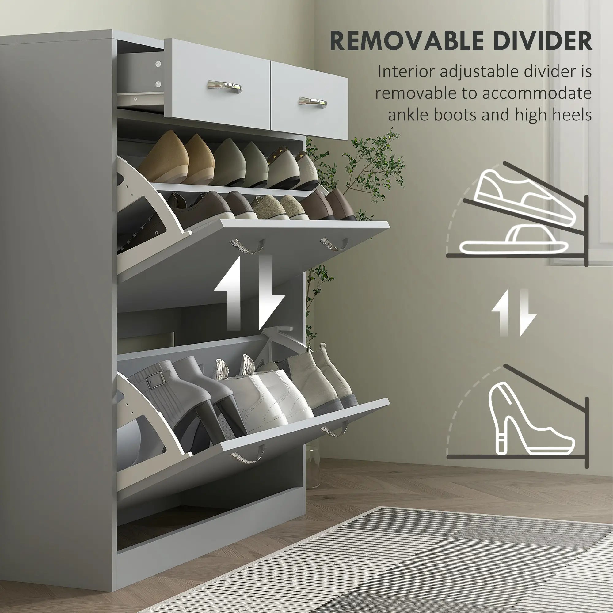 Narrow Shoe Storage, 2 Flip Drawers, Adjustable Shelves, 12 Pairs, Grey Shoe Storage Cabinets & Racks at Gallery Canada