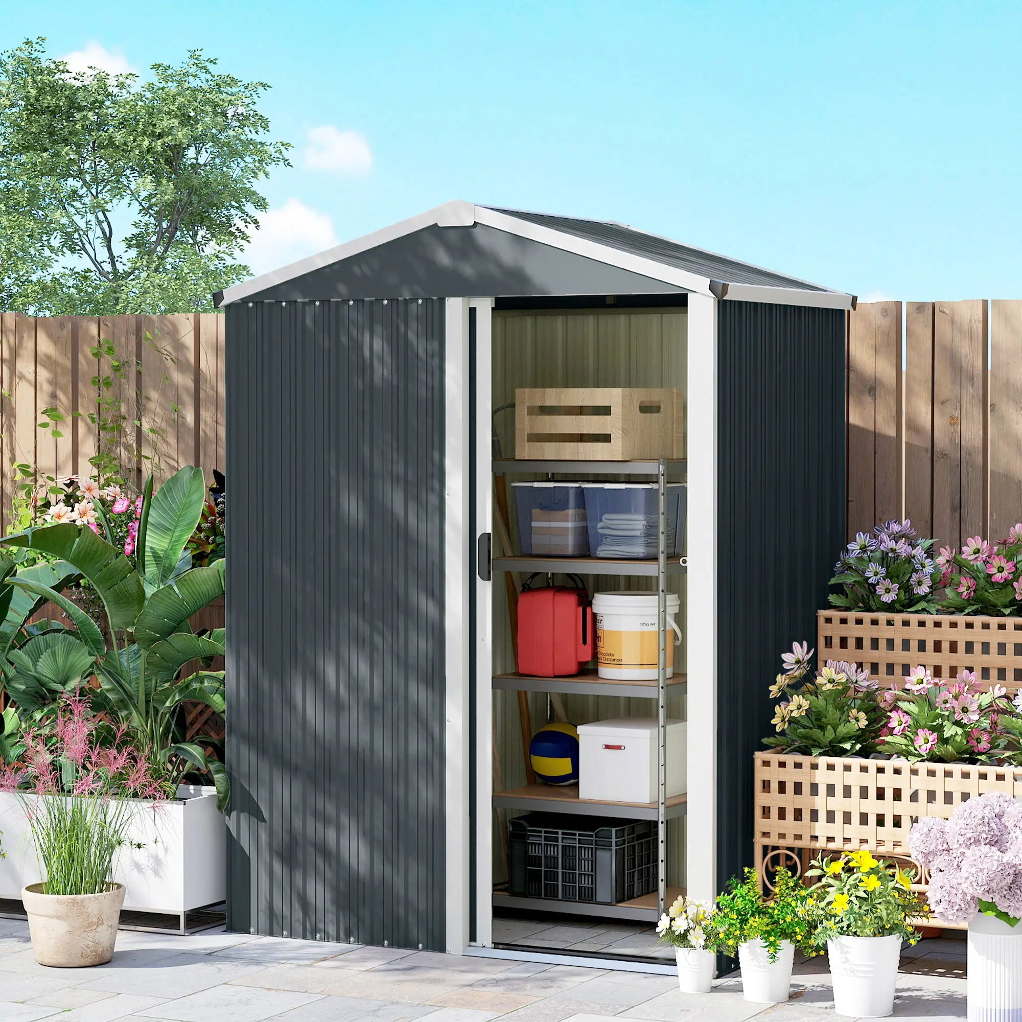 4.5 x 3ft Metal Garden Shed, Waterproof, Lockable Door, Dark Grey Sheds at Gallery Canada