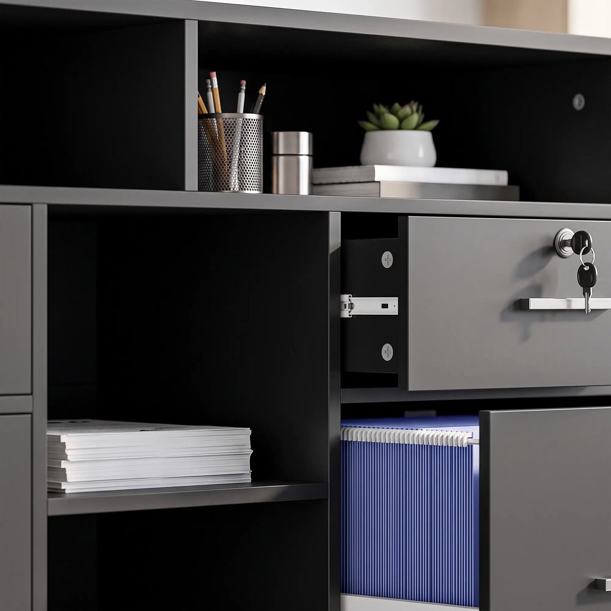 Filing Cabinet Locking Drawers Open Shelves 5 Casters, Black