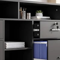 Filing Cabinet Locking Drawers Open Shelves 5 Casters, Black