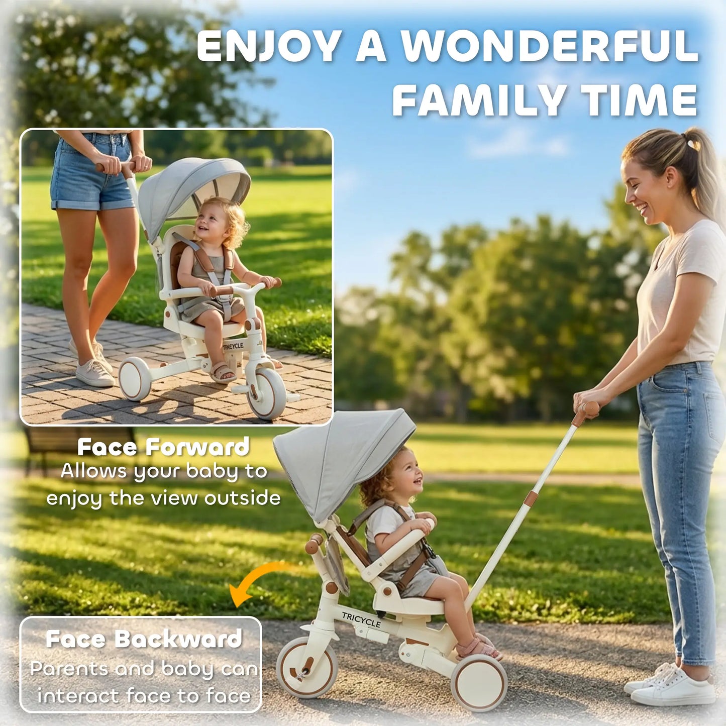 7 in 1 Toddler Tricycle, Safety Harness, Adjustable Parent Handle, Cream White Tricycles for Kids at Gallery Canada
