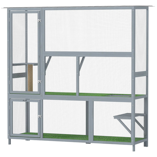 Wooden Catio, 77"H Cat House With Roof, Platforms, Scratching Post Outdoor Cat Enclosures Light Grey, Transparent, Green at Gallery Canada