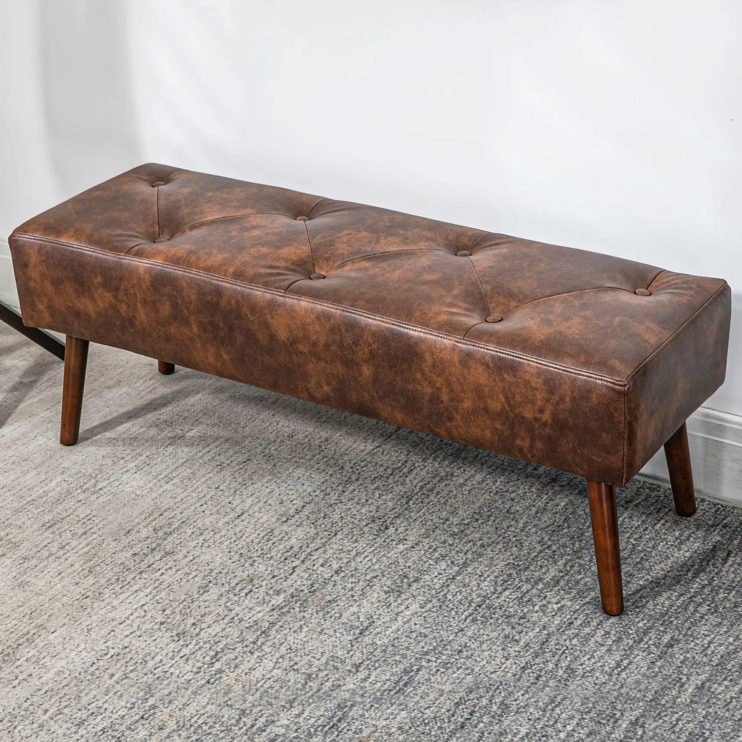 Button Tufted PU Leather Bench, Wood Legs, Brown Storage Ottomans & Benches at Gallery Canada