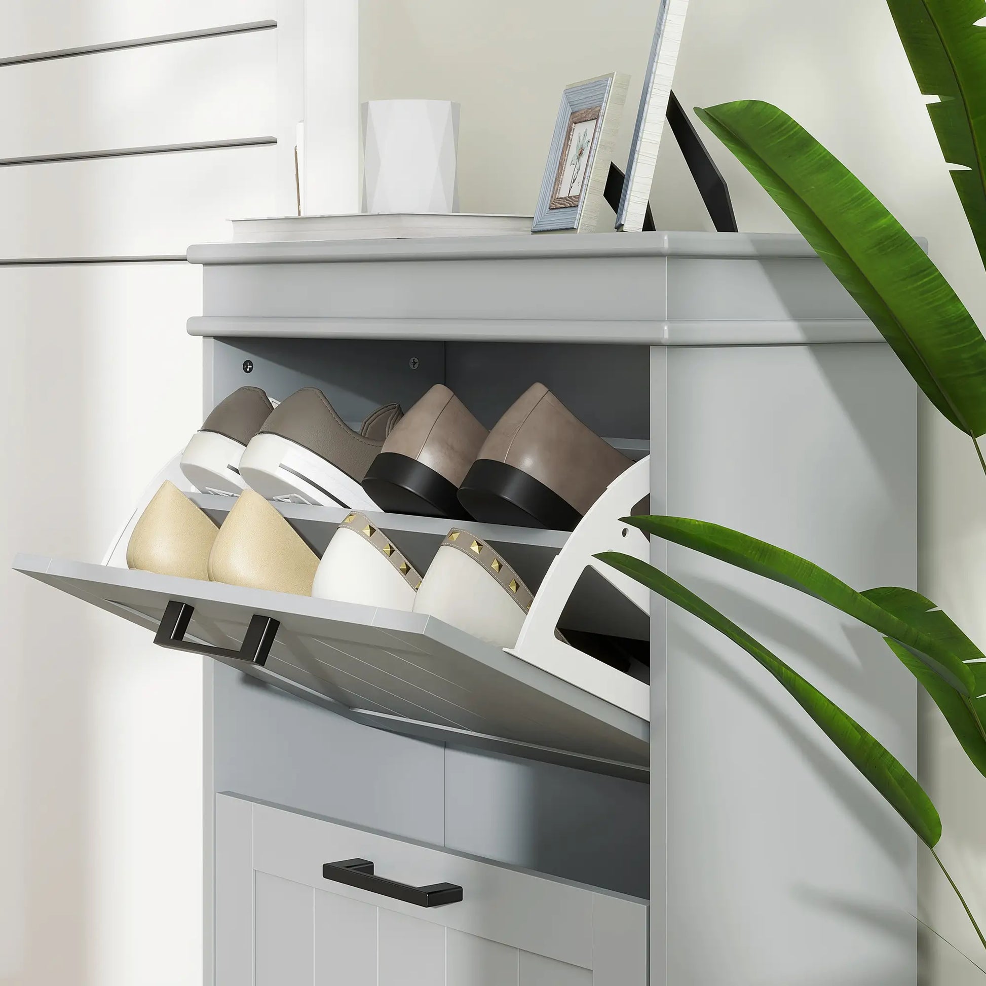 Shoe Storage Cabinet, 2 Flip Drawers, Adjustable Shelves, 10 Pairs, Grey Shoe Storage Cabinets & Racks at Gallery Canada