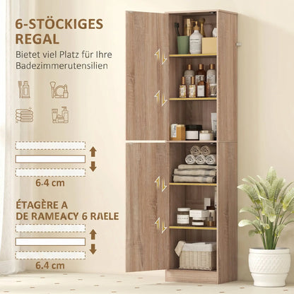 Tall Bathroom Cabinet, Slim 6-Tier Bathroom Floor Cabinet with 2 Doors and 4 Adjustable Shelves, Natural Wood