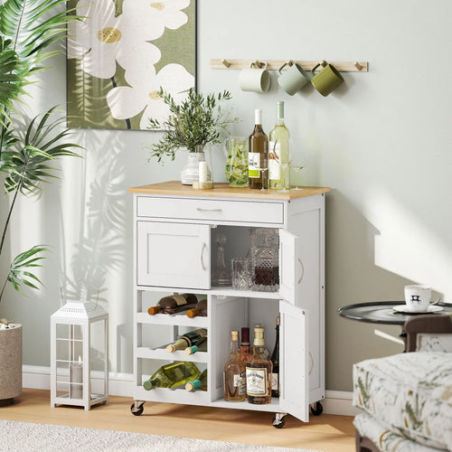 Rolling Kitchen Cart, Island with Storage Drawer, 9-Bottle Wine Rack, White