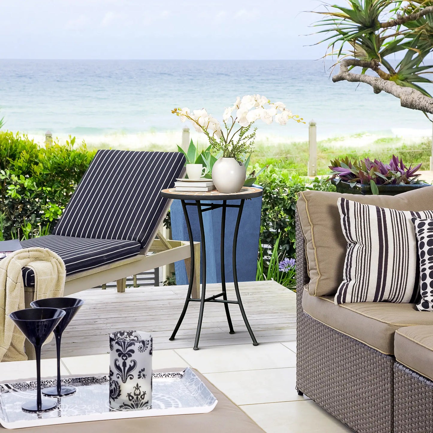 Round Mosaic Patio Table, Metal Frame, Outdoor Garden Furniture, Yellow Grey Patio Side Tables at Gallery Canada