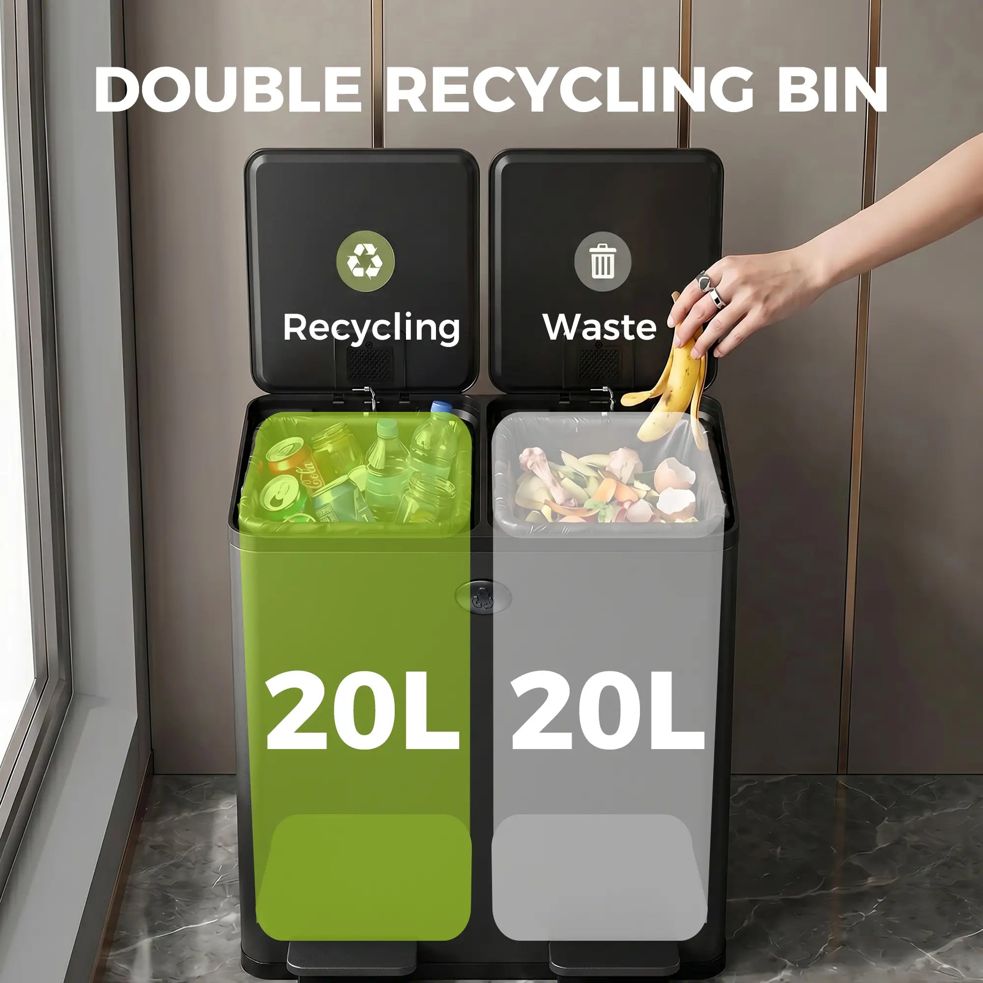 Dual Garbage Bin, Soft Close Trash Can, 2 x 20 Liter, Black Household Supplies at Gallery Canada