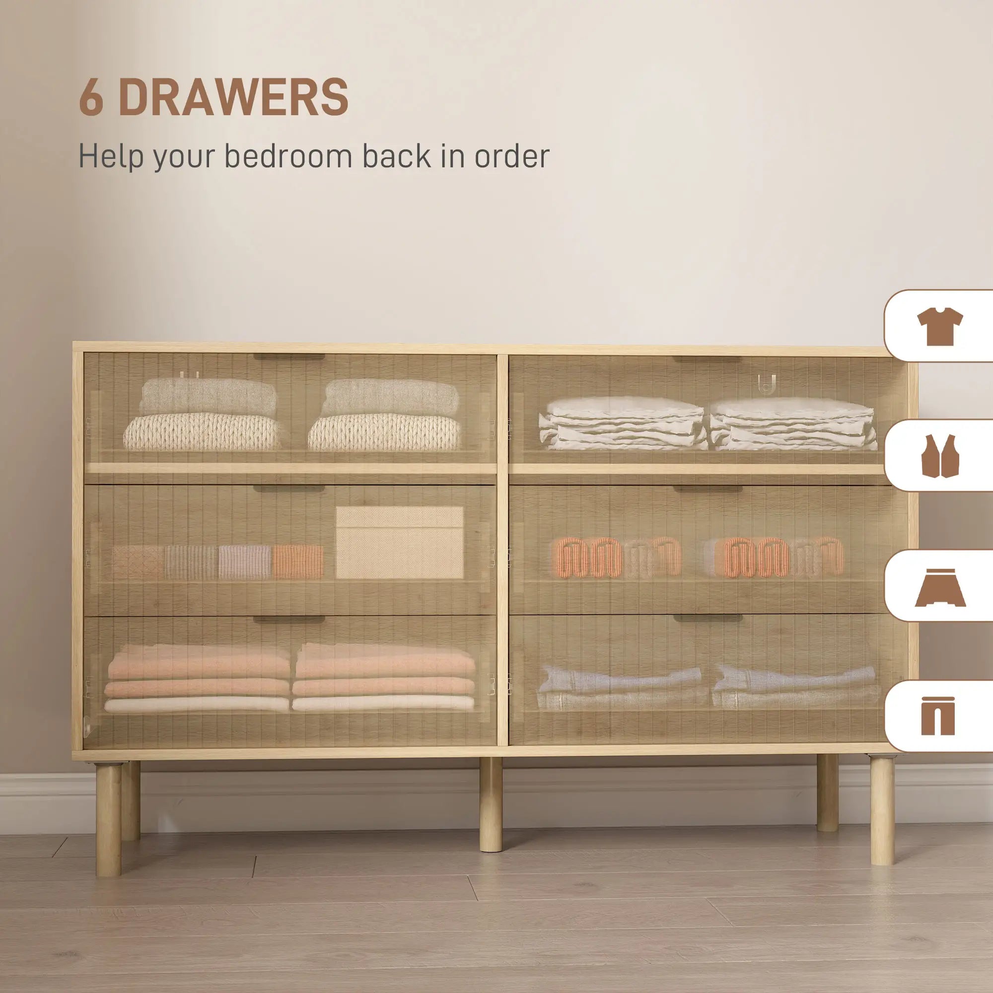 6 Drawer Dresser, Fluted Panels, Solid Wood Legs, Oak Storage Cabinets at Gallery Canada