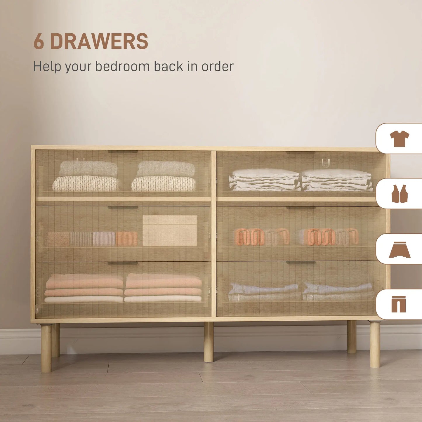 6 Drawer Dresser, Fluted Panels, Solid Wood Legs, Oak Storage Cabinets at Gallery Canada