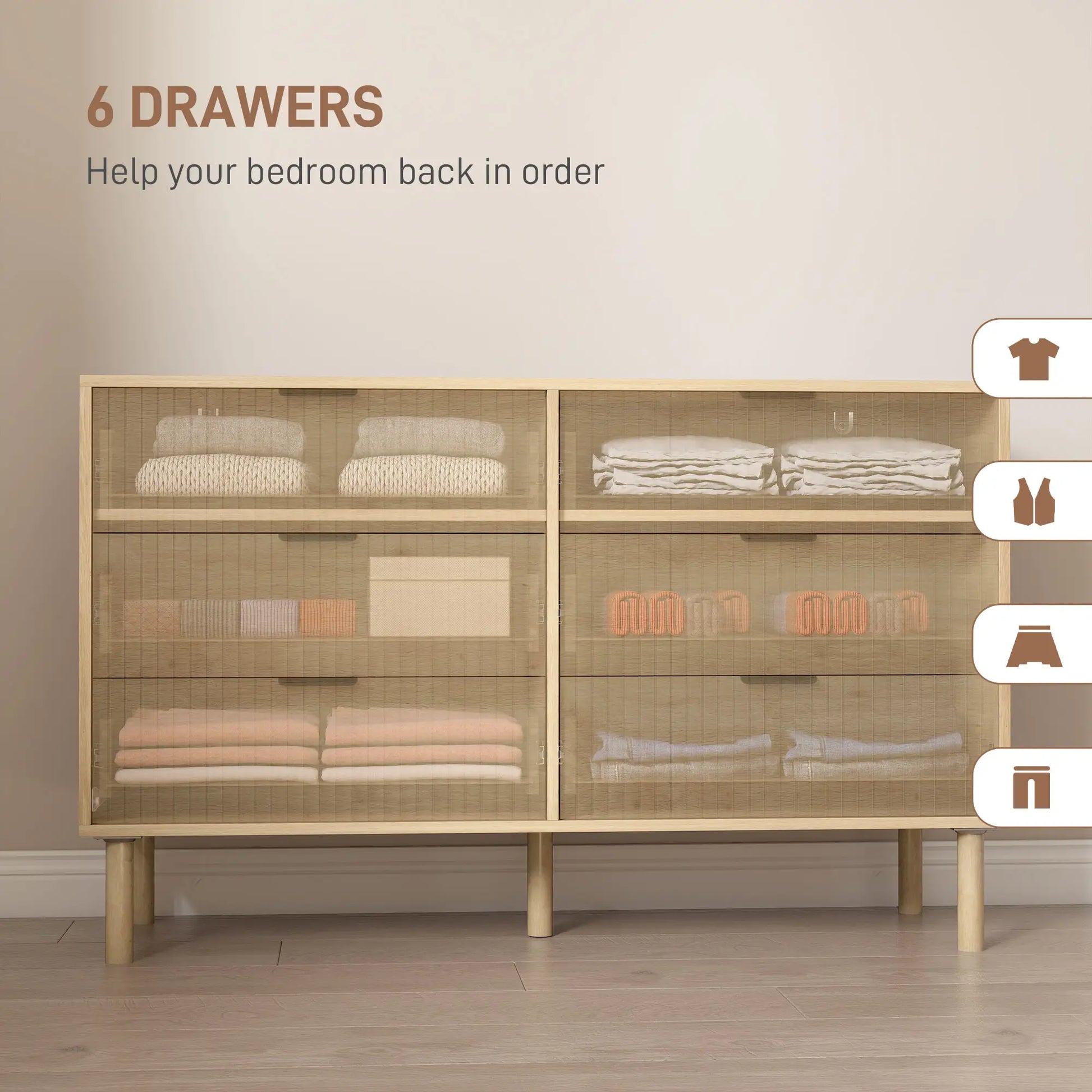 6 Drawer Dresser, Fluted Panels, Solid Wood Legs, Oak Storage Cabinets at Gallery Canada