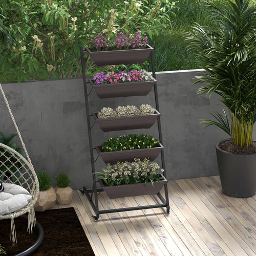 5-Tier Vertical Garden Planter, 5 Boxes, Wheels, Outdoor, Brown