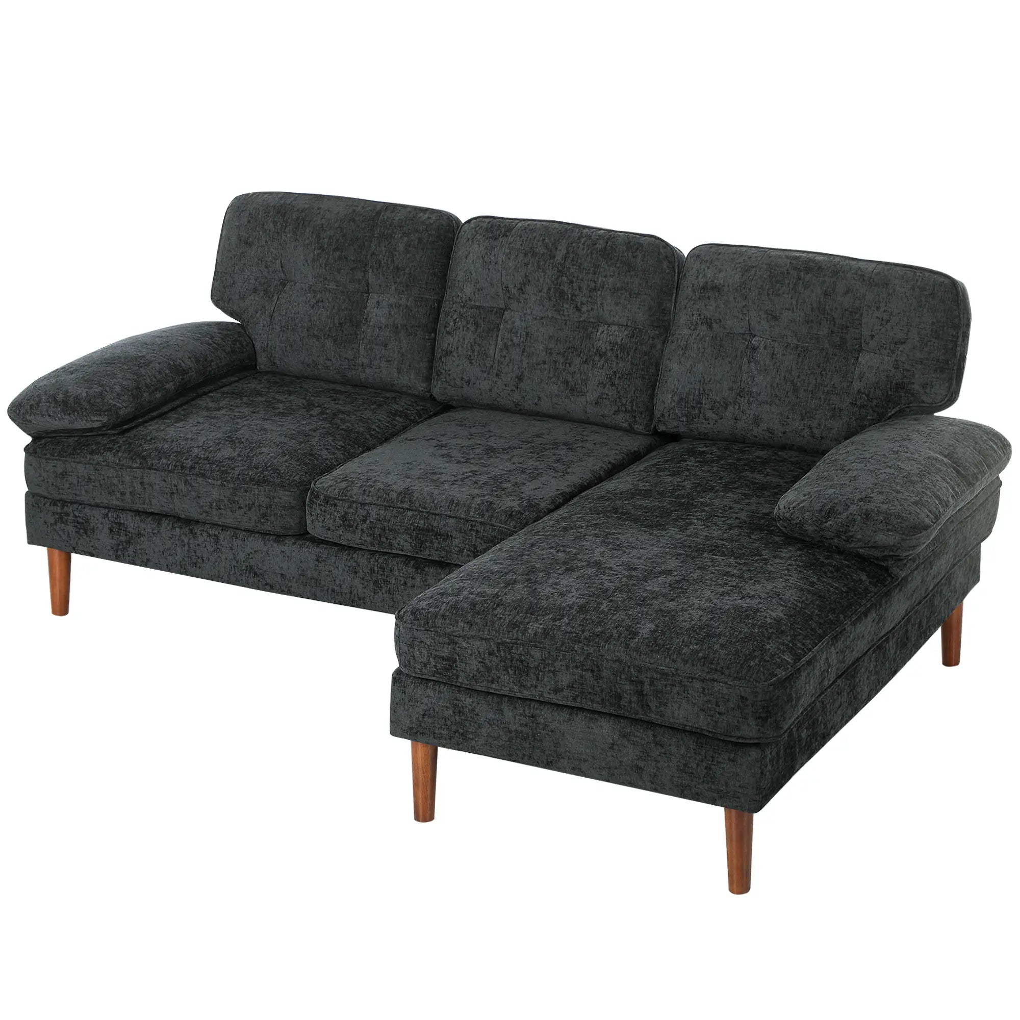 Modern Corner Couch, Right Chaise Lounge, Tufted 3-Seater Sofa, Wooden Legs, Black 3-Seater Sofas Black, Brown at Gallery Canada
