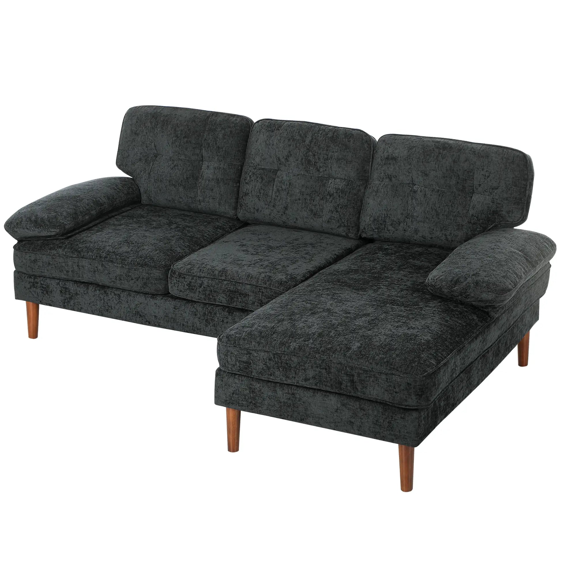 Modern Corner Couch, Right Chaise Lounge, Tufted 3-Seater Sofa, Wooden Legs, Black 3-Seater Sofas Black, Brown at Gallery Canada