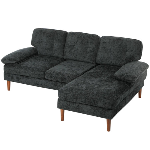 Modern Corner Couch, Right Chaise Lounge, Tufted 3-Seater Sofa, Wooden Legs, Black