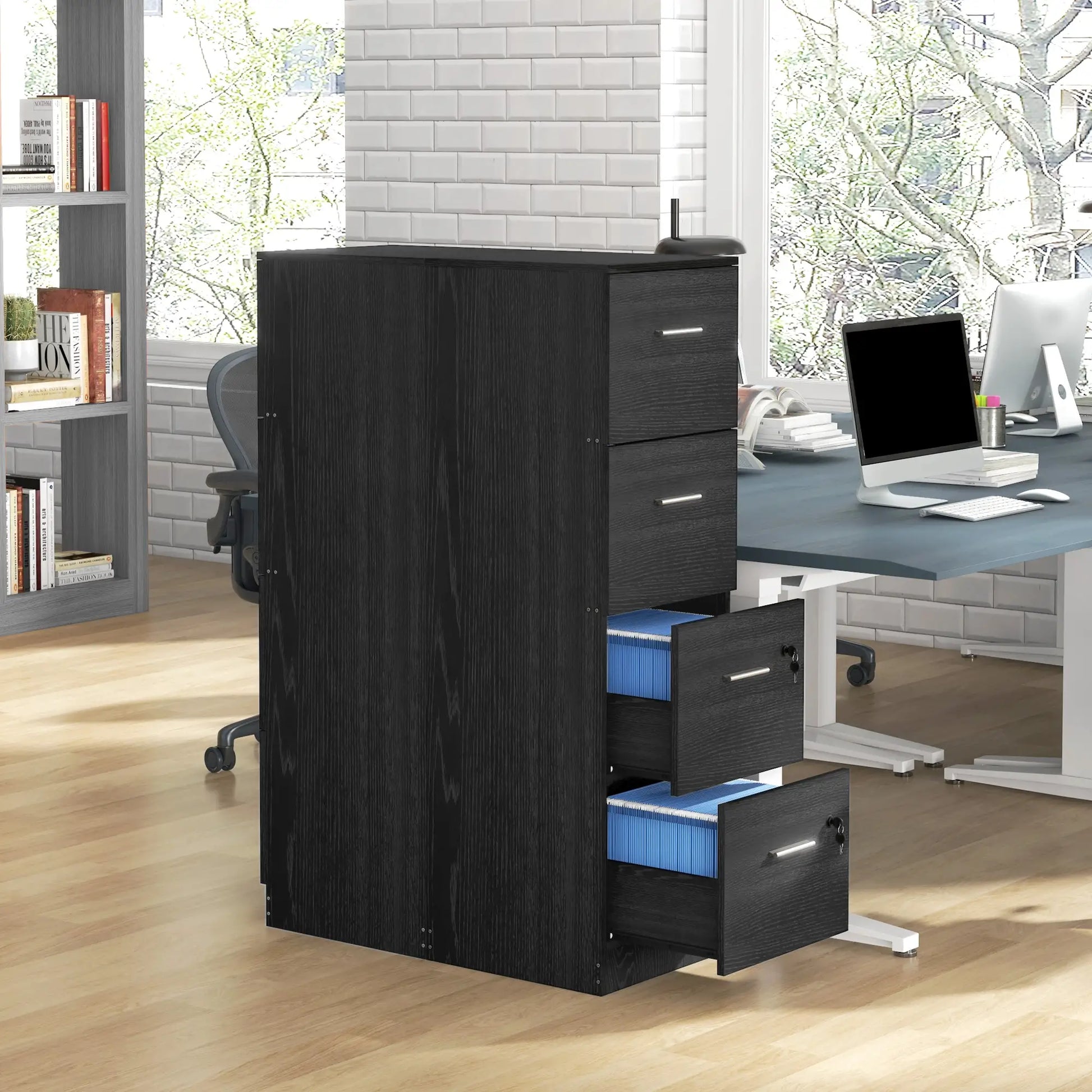 4 Drawer Vertical Filing Cabinet with Lock, Adjustable Hanging Bar, Black Office Cabinets & Cupboards at Gallery Canada