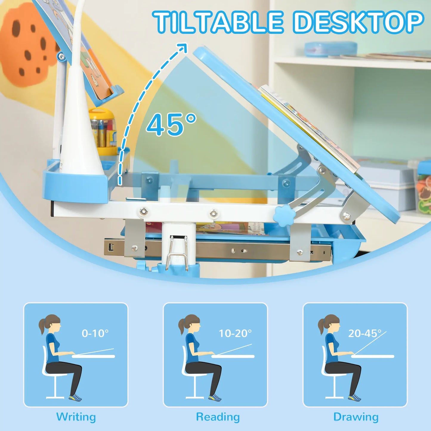Adjustable Kids Desk and Chair Set, Tilt Desktop, Blue Kids Desk Sets at Gallery Canada
