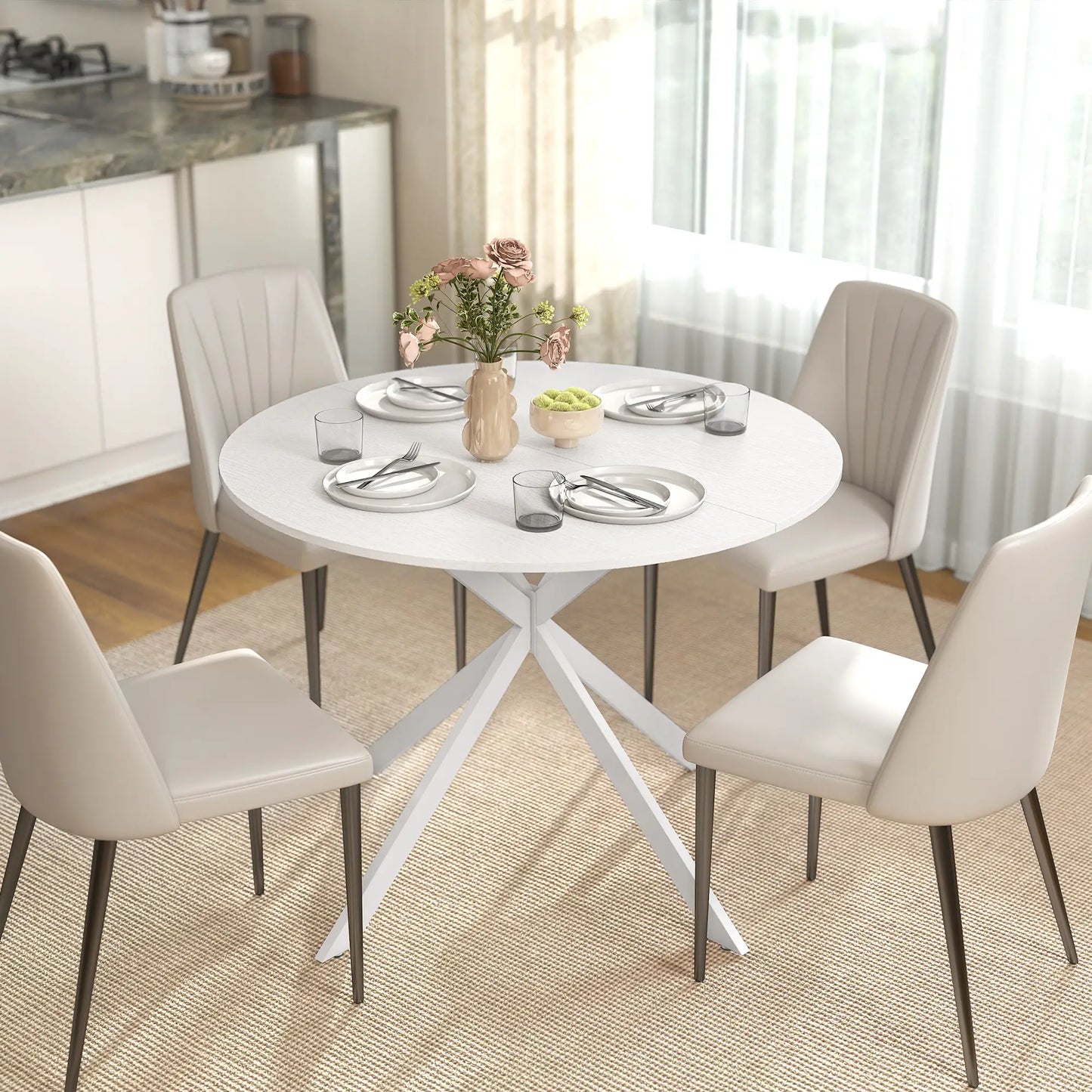 40" Round Kitchen Table For 4, Industrial Dining Table, White Oak, White Dining Tables at Gallery Canada