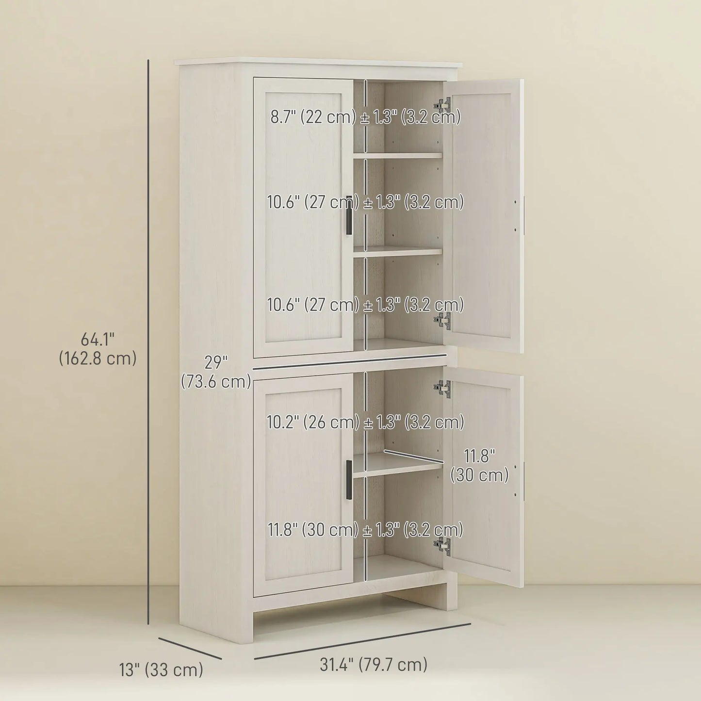 64" Kitchen Pantry Cabinet, 4 Doors, 3 Adjustable Shelves, Antique White, White Kitchen Pantry Cabinets at Gallery Canada