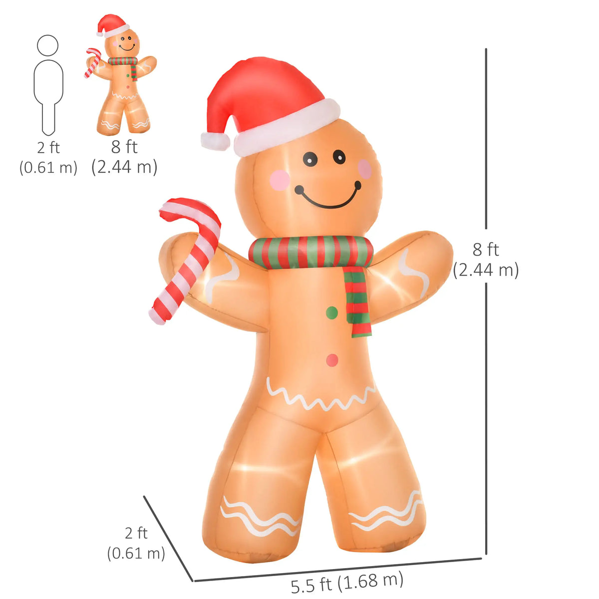 8ft Inflatable Gingerbread Man with Candy Cane, LED Lights Yard Decoration Christmas Inflatables at Gallery Canada