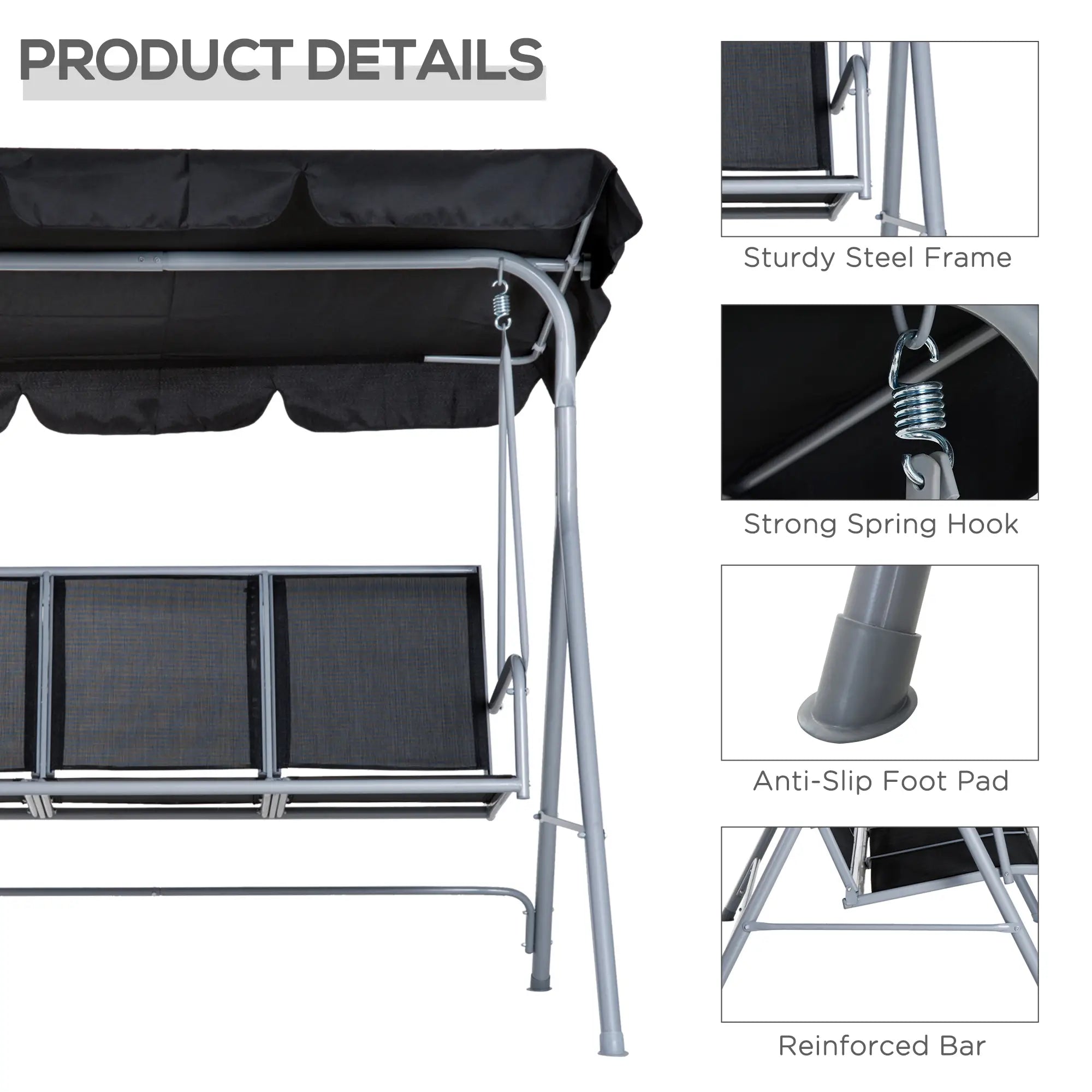 3-Seater Patio Swing, Outdoor Swing Chair, Black Patio Swings with Stand at Gallery Canada