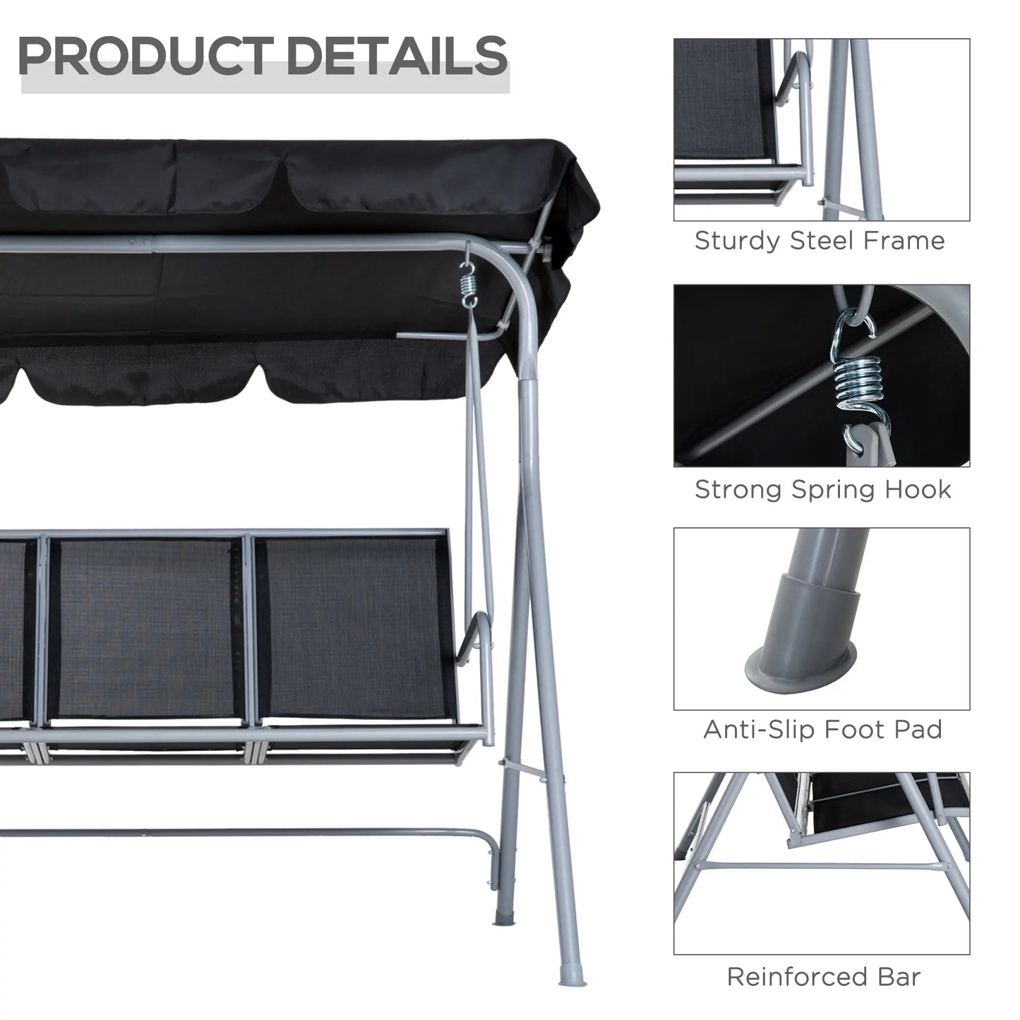 3-Seater Patio Swing, Outdoor Swing Chair, Black Patio Swings with Stand at Gallery Canada