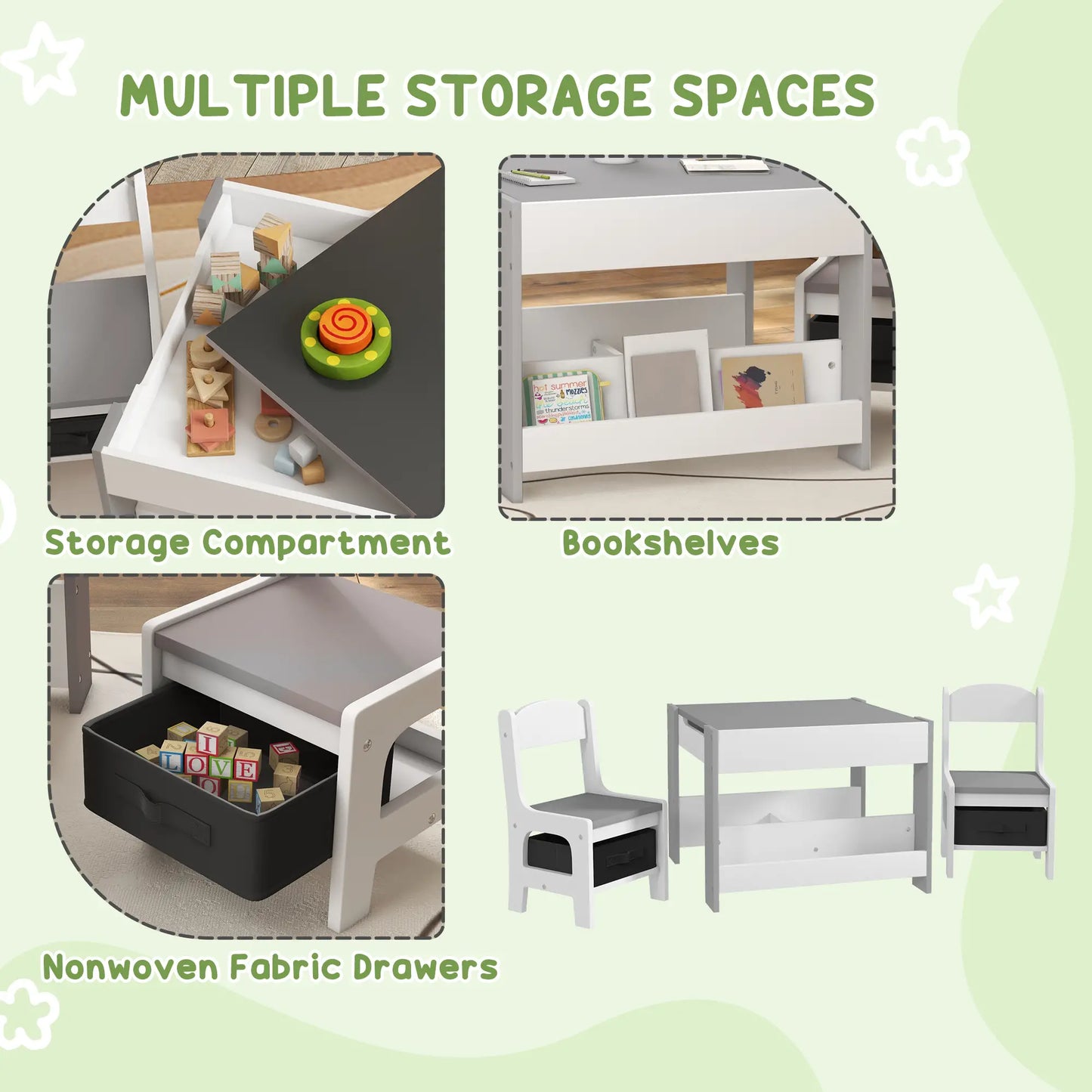 3 Piece Kids Table and Chair Set, Reversible Tabletop, Blackboard, Storage, Grey Kids Table Sets at Gallery Canada