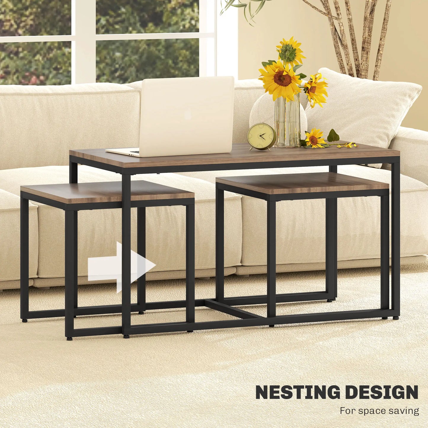 Nesting Coffee Table Set of 3, Black Metal Frame, 3-Piece, Brown Coffee Tables at Gallery Canada