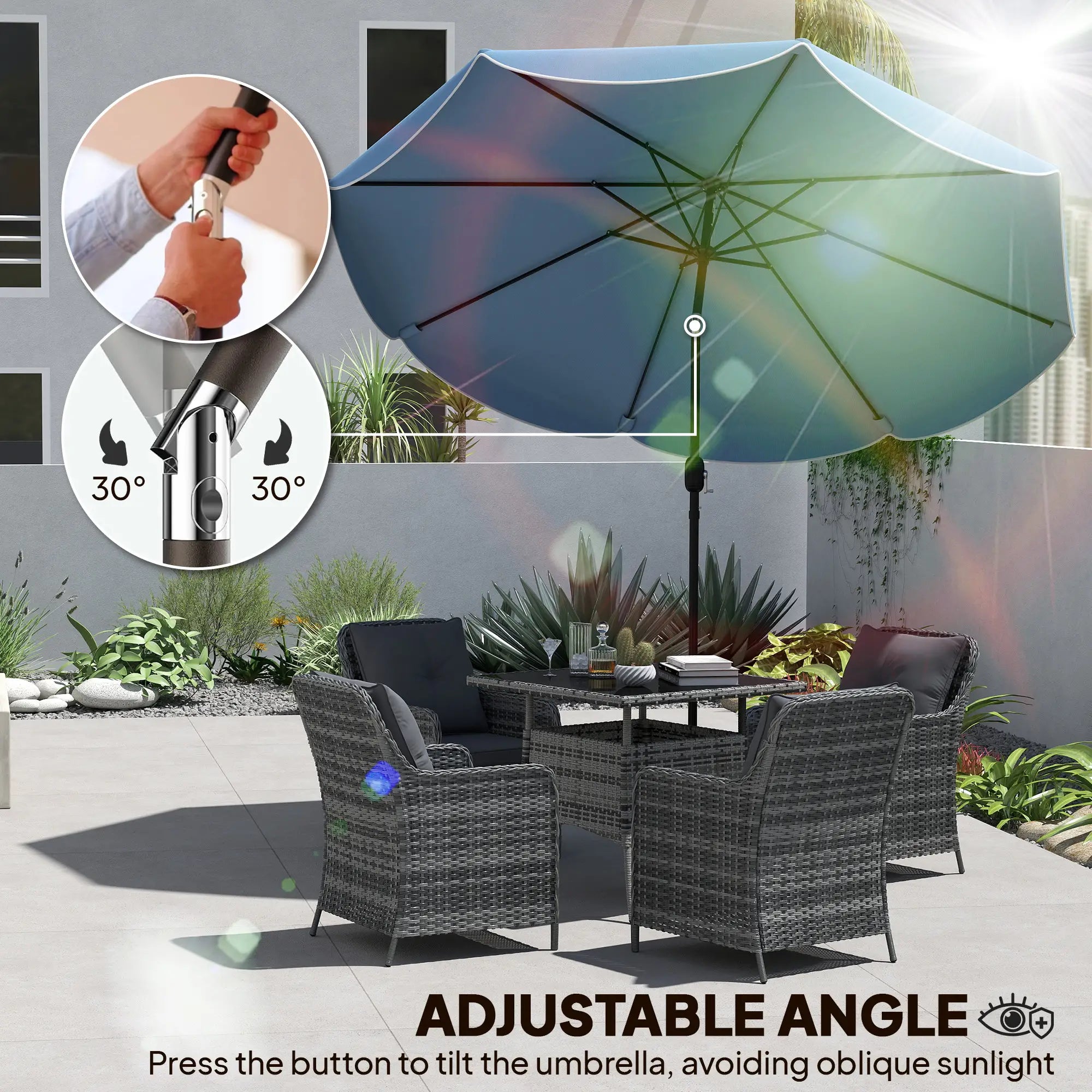 9' x 9' Round Market Umbrella, Tilt Crank, Patio Garden Poolside, Sky Blue Sun Umbrellas at Gallery Canada
