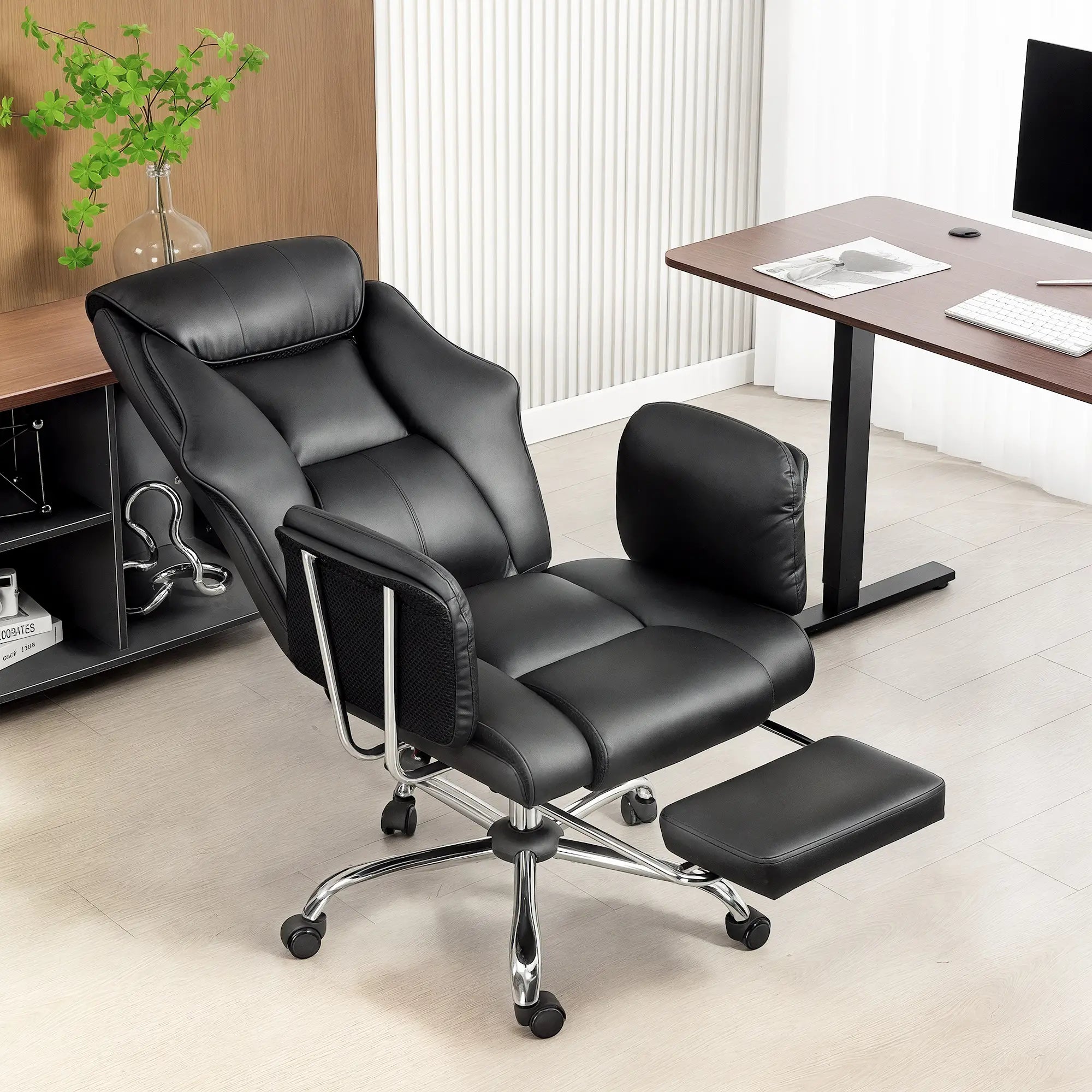 Reclining Office Chair, High Back Executive Desk Chair, PU Leather, Footrest, Swivel Wheels, Black Executive & Manager Chairs at Gallery Canada