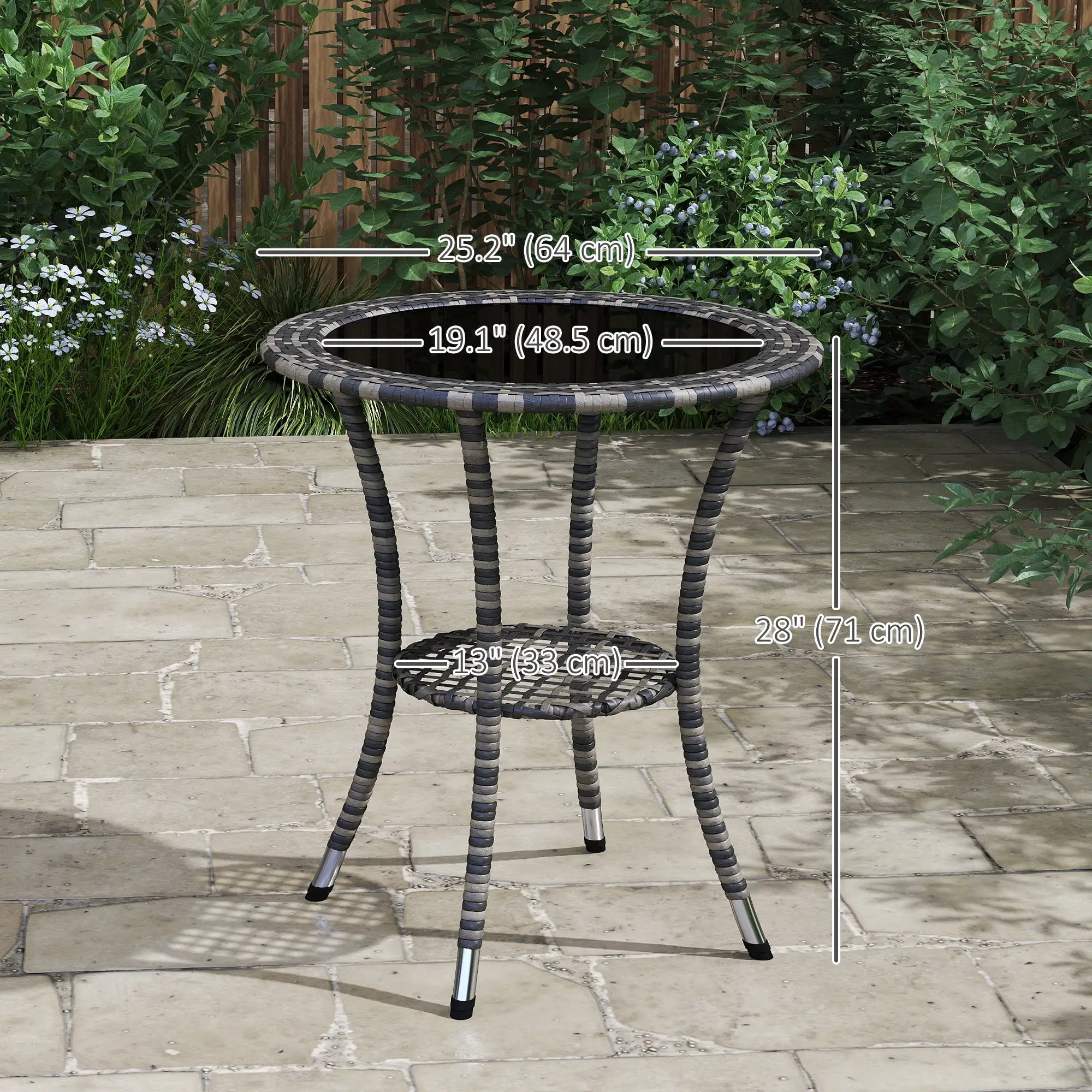 Outdoor Rattan Dining Table, Round Wicker Coffee Table, 2-Tier Shelf, Mixed Grey Patio Dinning Tables at Gallery Canada